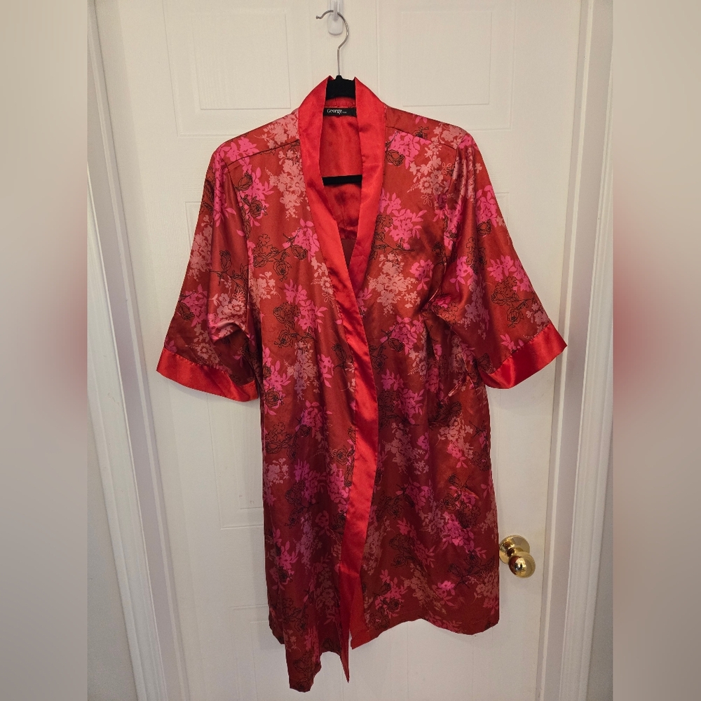 1X Red Foral Satin Kimono Robe, Without Belt